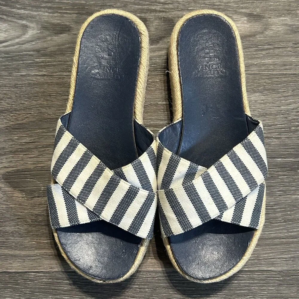 Vince Camuto 8.5 Slide Sandal Blue White Natural Stripe Canvas Espadrille Preppy